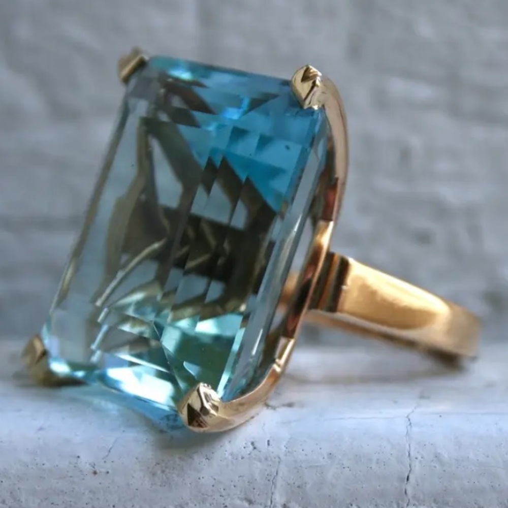 Statement Ring Large Stone Faceted Aquamarine And… - image 1